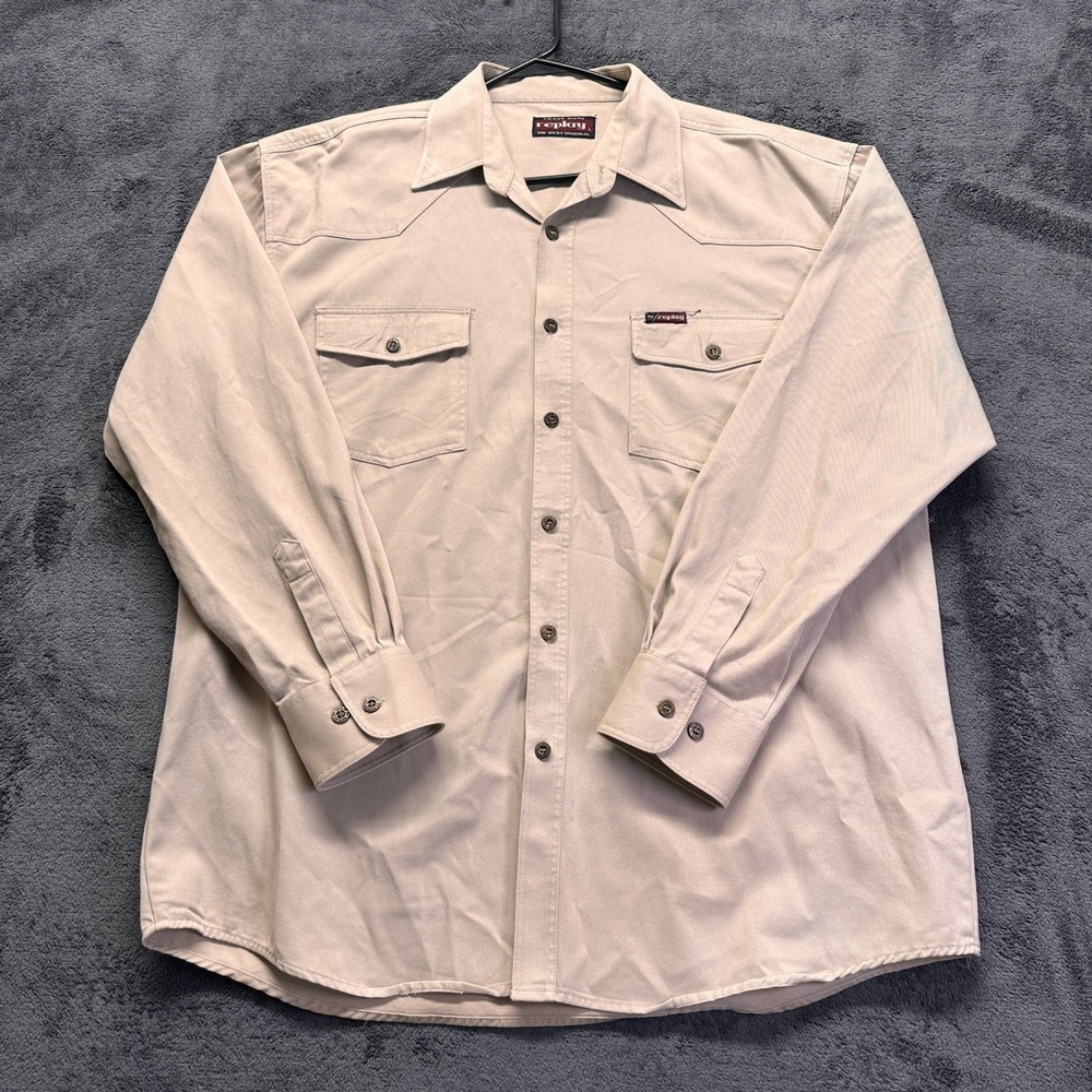 Replay Western Button Down Shirt Mens Large Khaki Tan Canvas Twill Long Sleeve